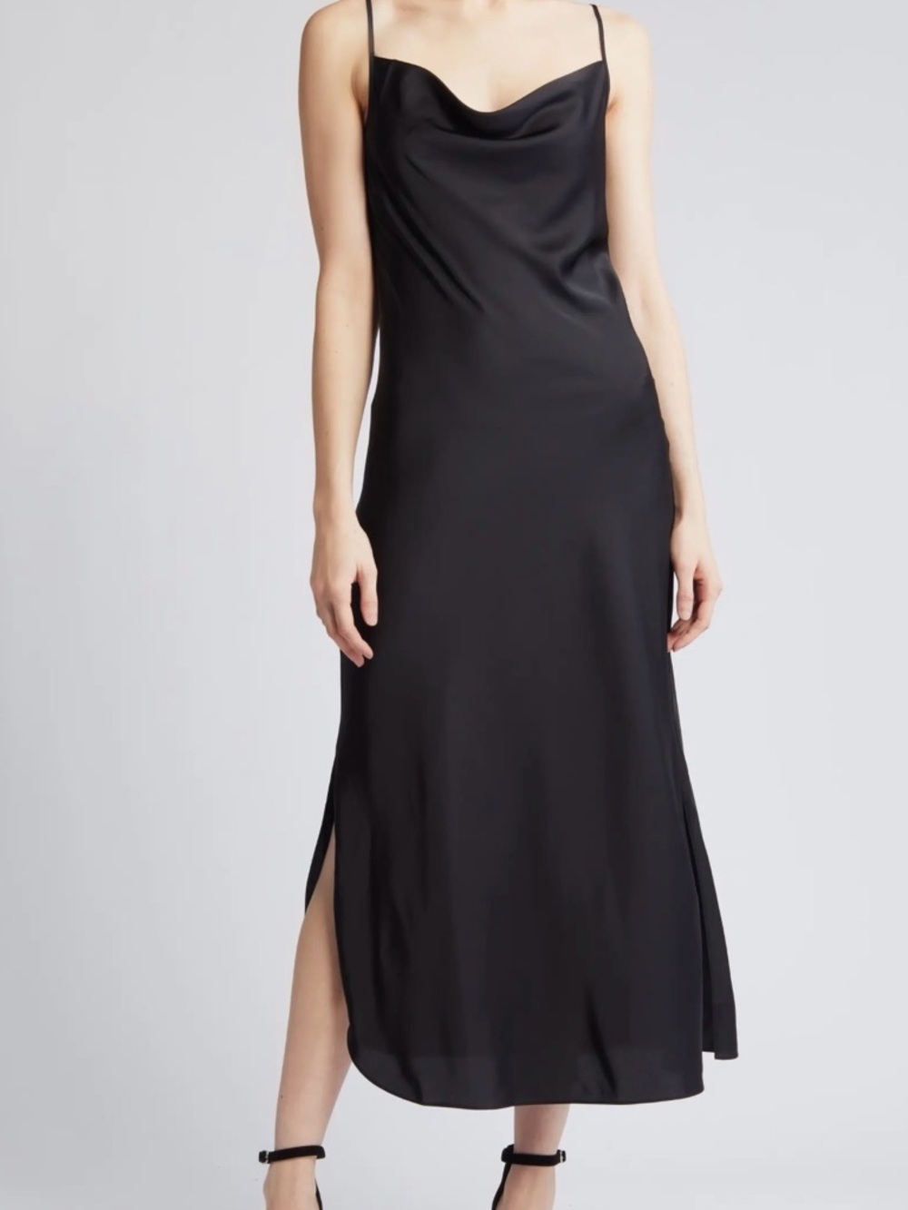 AllSaints Black Satin Cowl Neck Slip Midi